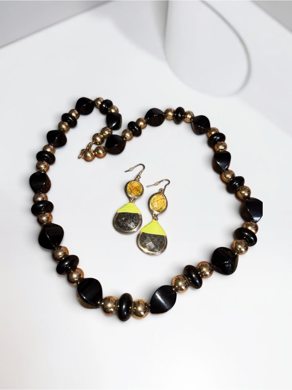 Gold and Black Beaded Necklace with Yellow Accent Drop Earrings